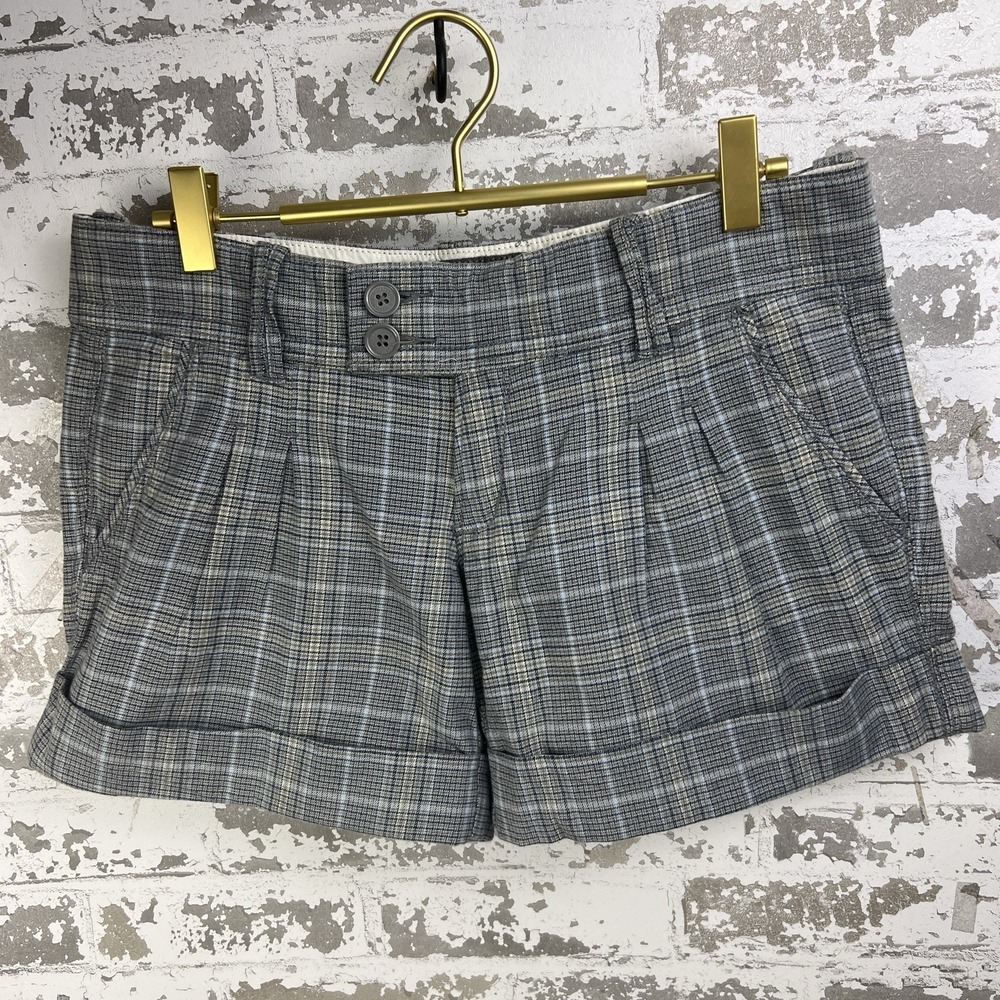 Y2K Abercrombie & Fitch Plaid Micro Shorts Sz 2 Low Rise Blue Gray Cuffed Flap